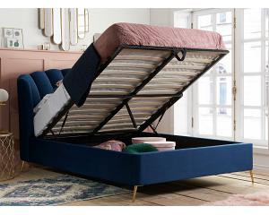 4ft6 Double Lotty Blue Velvet Fabric Ottoman Lift Up Storage Bed.Shell Fan Style